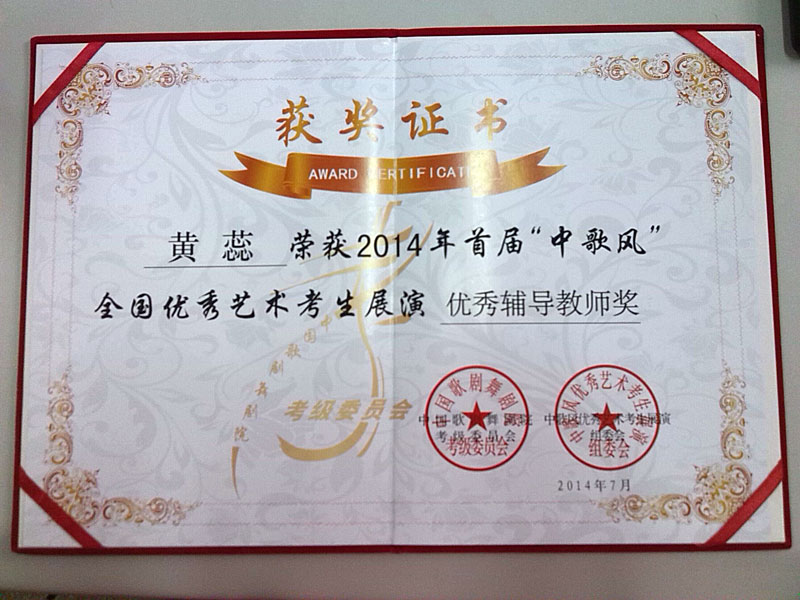 2014-7中歌风比赛优秀指导老师证书