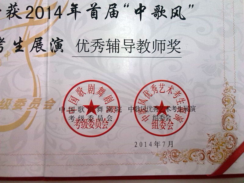 2014-7中歌风比赛优秀指导老师证书